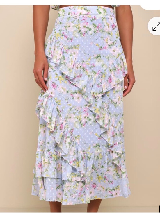 Lulus Easily Beloved Light Blue Floral Ruffled Asymmetrical Top & Maxi Skirt - Picture 2 of 13